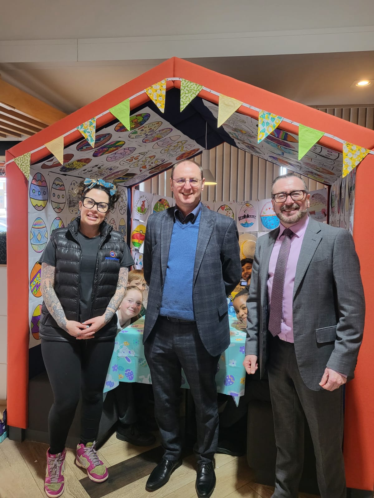 L-R Jennie Sim, Motorpoint's Sponsorship, Events and Charity manager, Chris Evans, Headteacher at Yardley Primary School, Kevin Vyner, Motorpoint's General Sales Manager